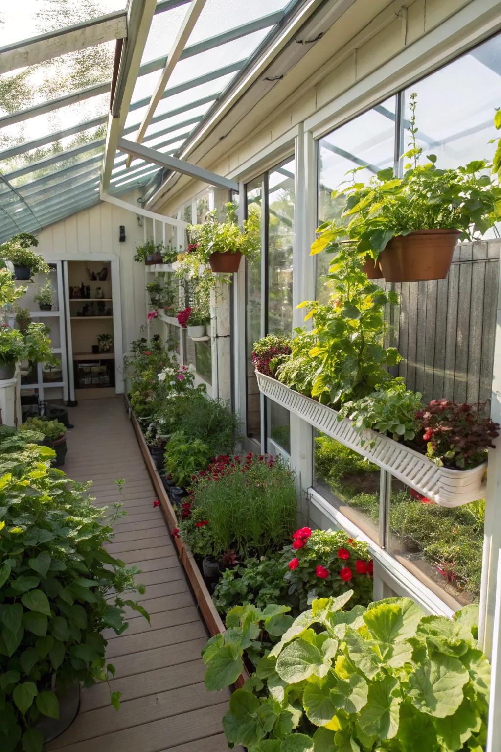 A space-saving lean-to greenhouse perfect for compact gardens.