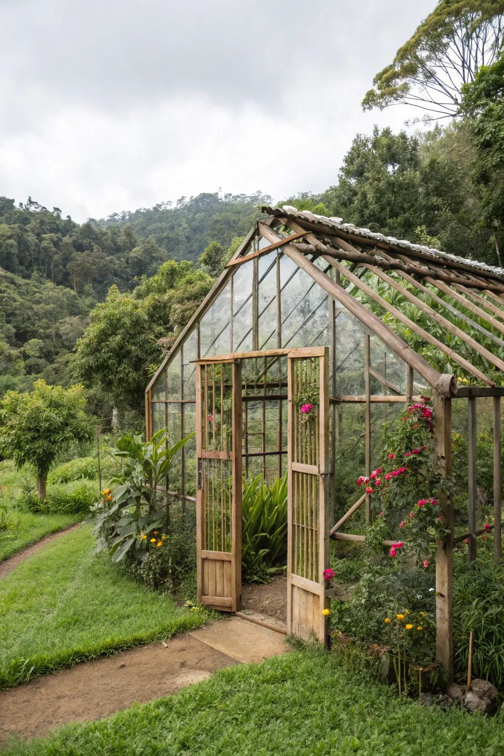 A bamboo greenhouse that harmonizes with nature.