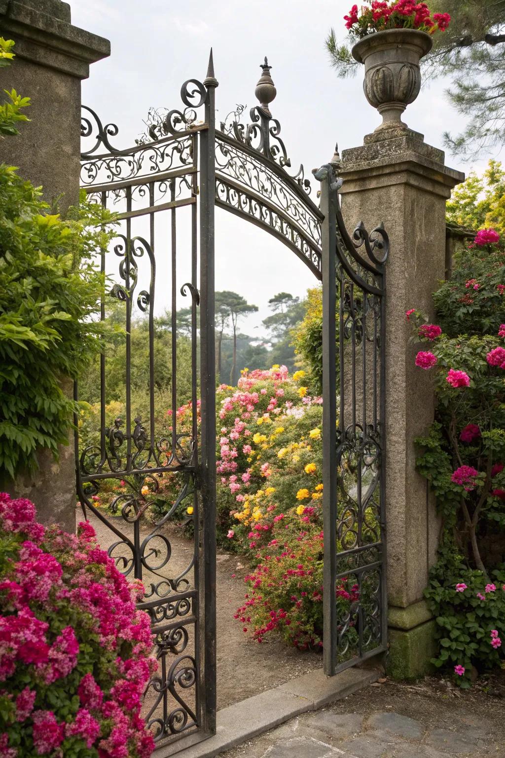 Wrought iron brings timeless elegance to this garden gate.