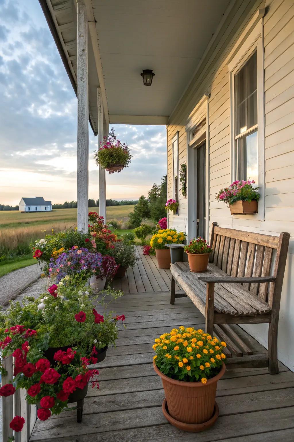 Colorful flowers and rich greenery on farmhouse porch.