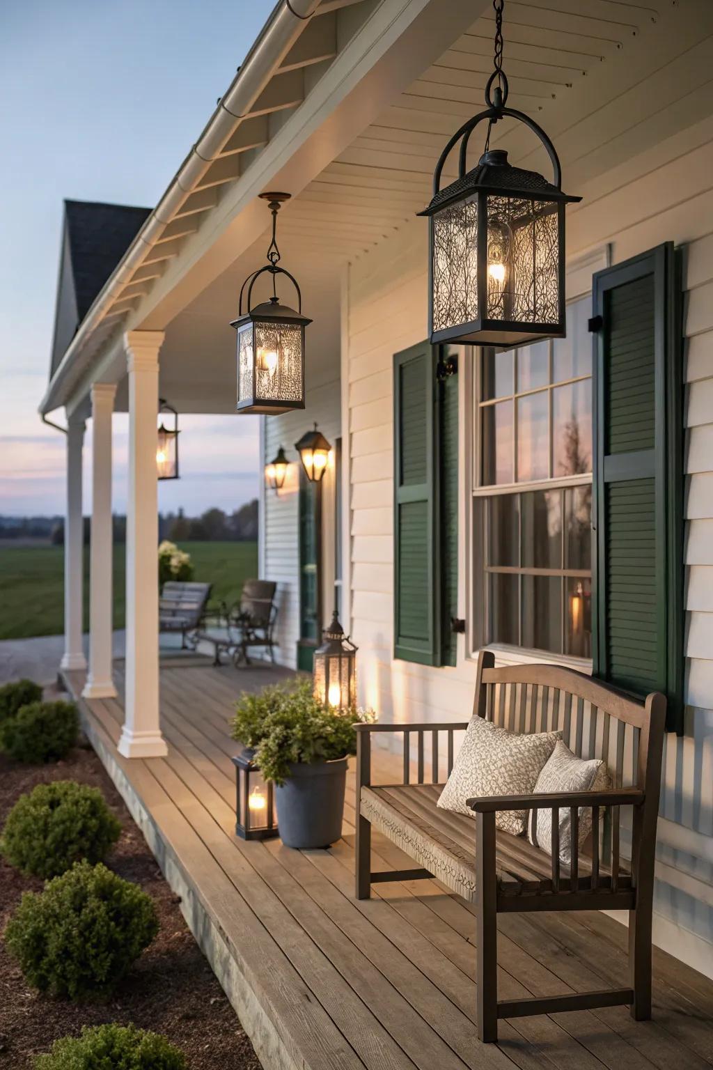 Softly glowing lanterns on a farmhouse porch.