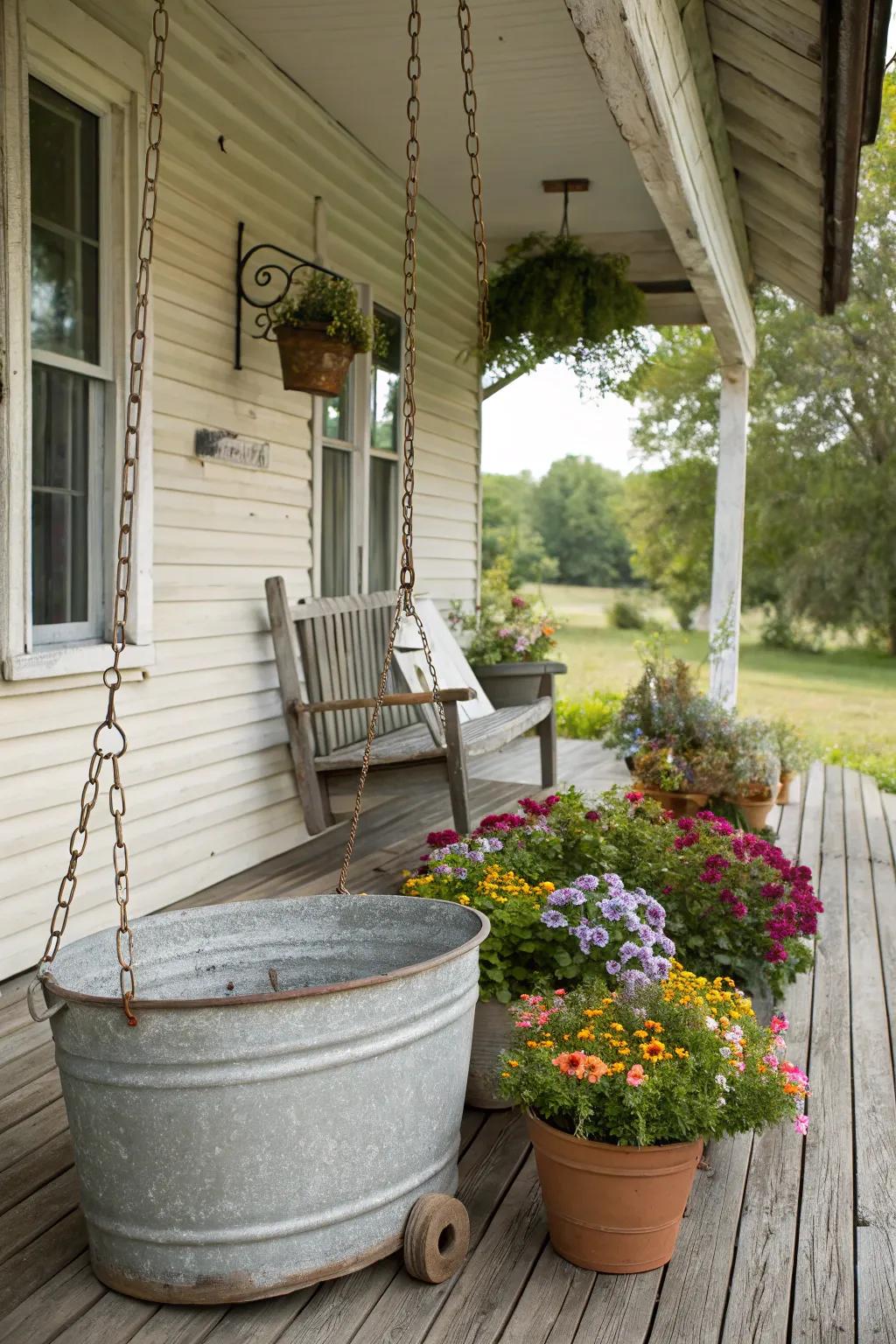 Repurposed vintage items adding charm to porch.
