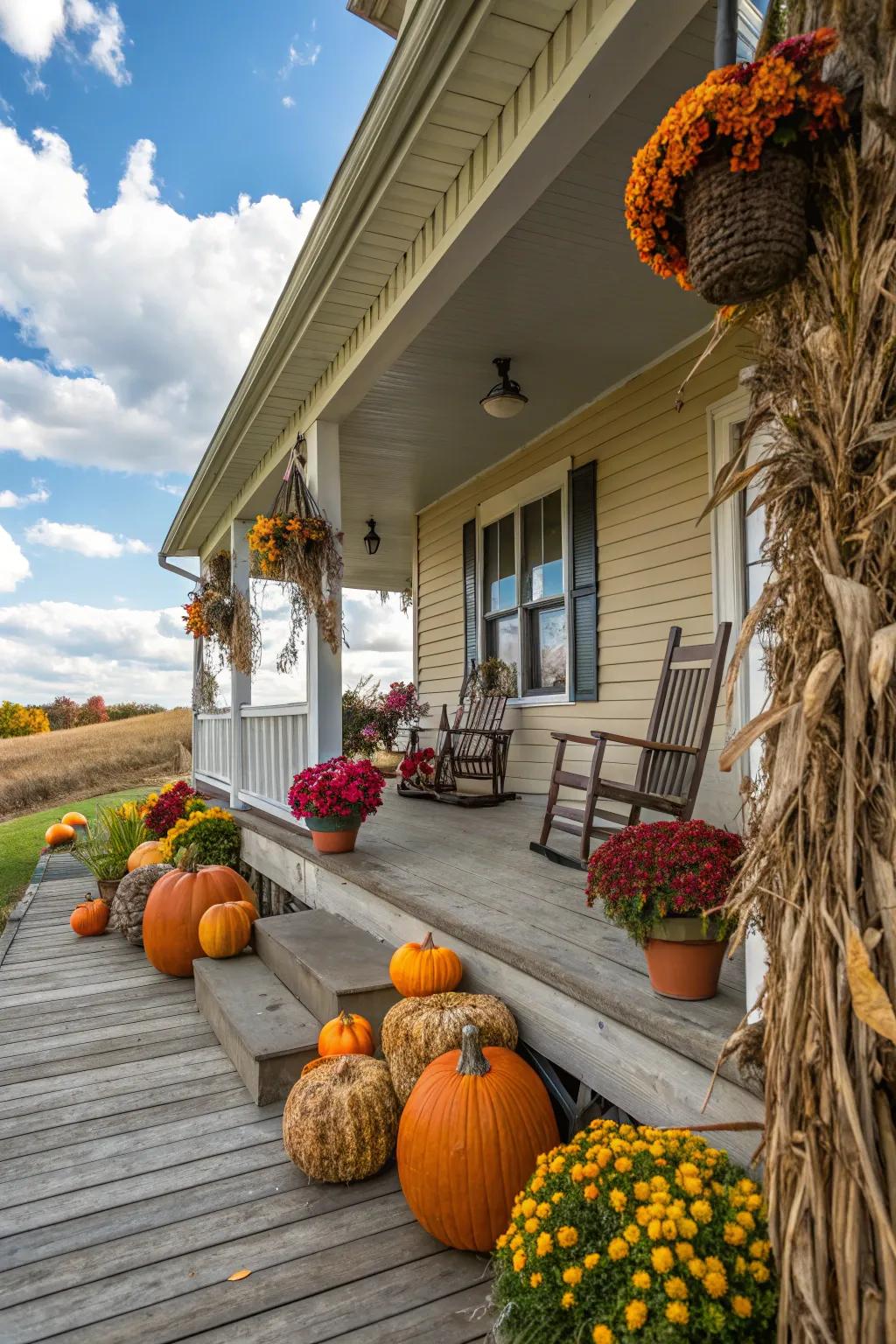 Autumn decorations featuring pumpkins on a farmhouse porch.
