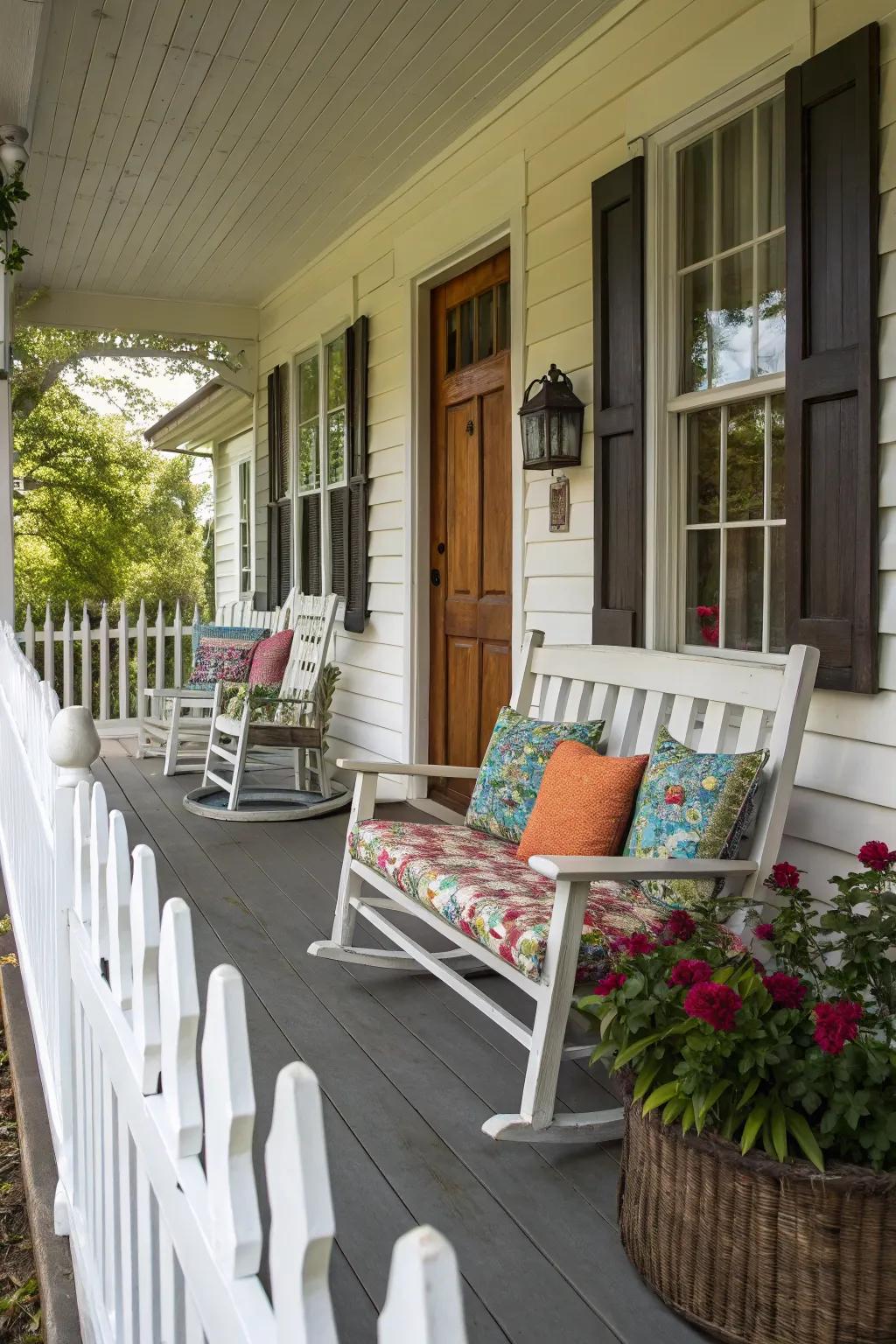 Inviting porch seating with cushioned rocking chairs.