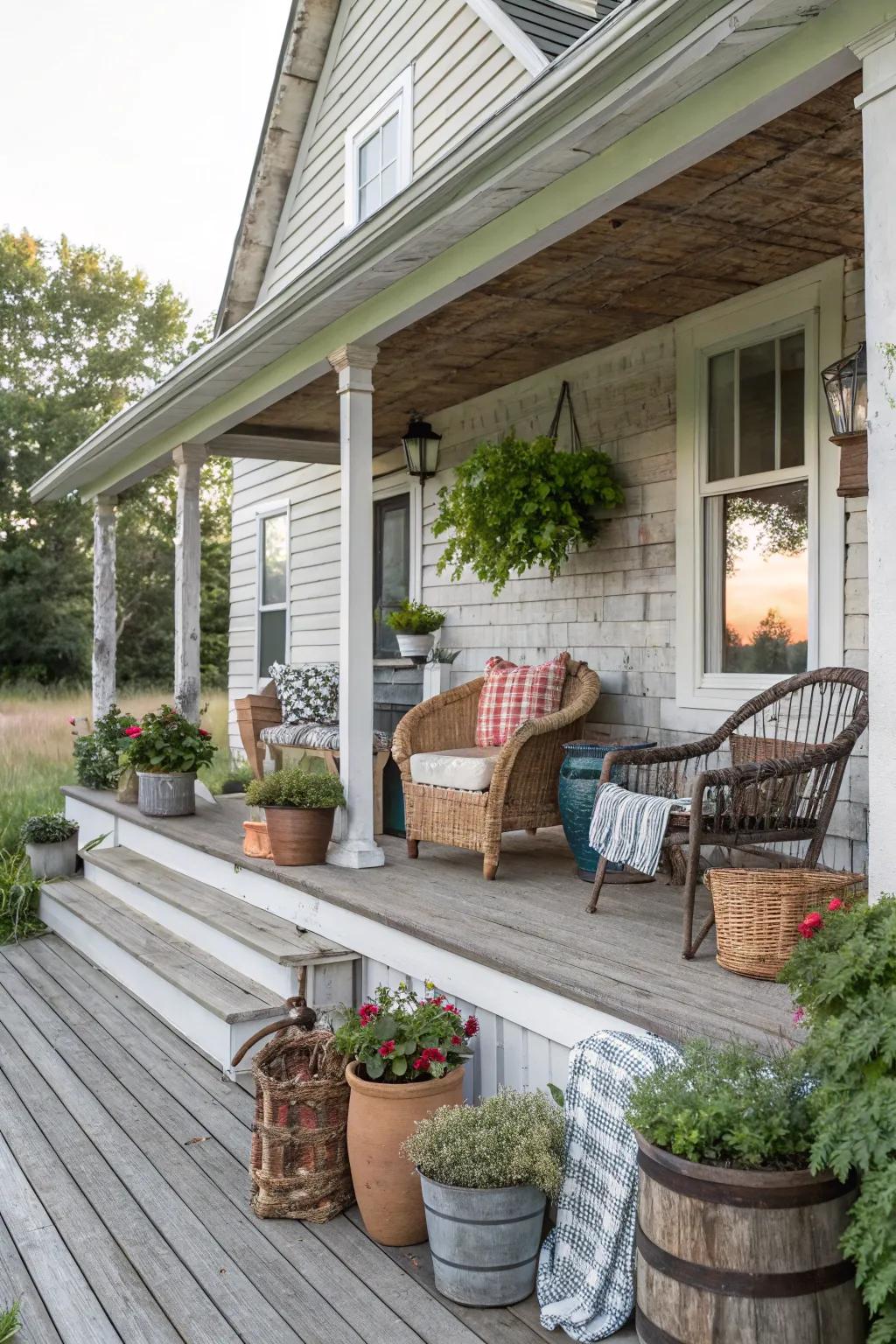 Asymmetric porch design enhancing farmhouse appeal.