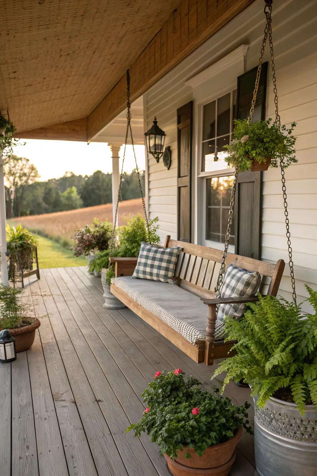 Relaxing wooden porch swing.