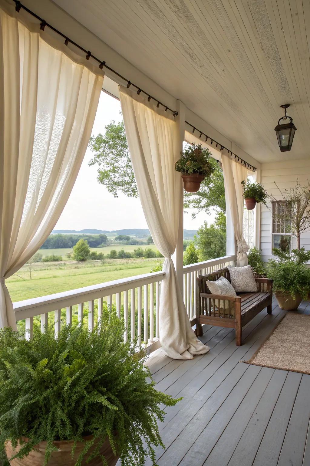 Sheer drapes adding elegance to porch.