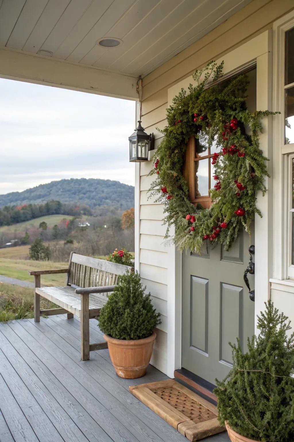 Seasonal wreath hanging on farmhouse porch door.