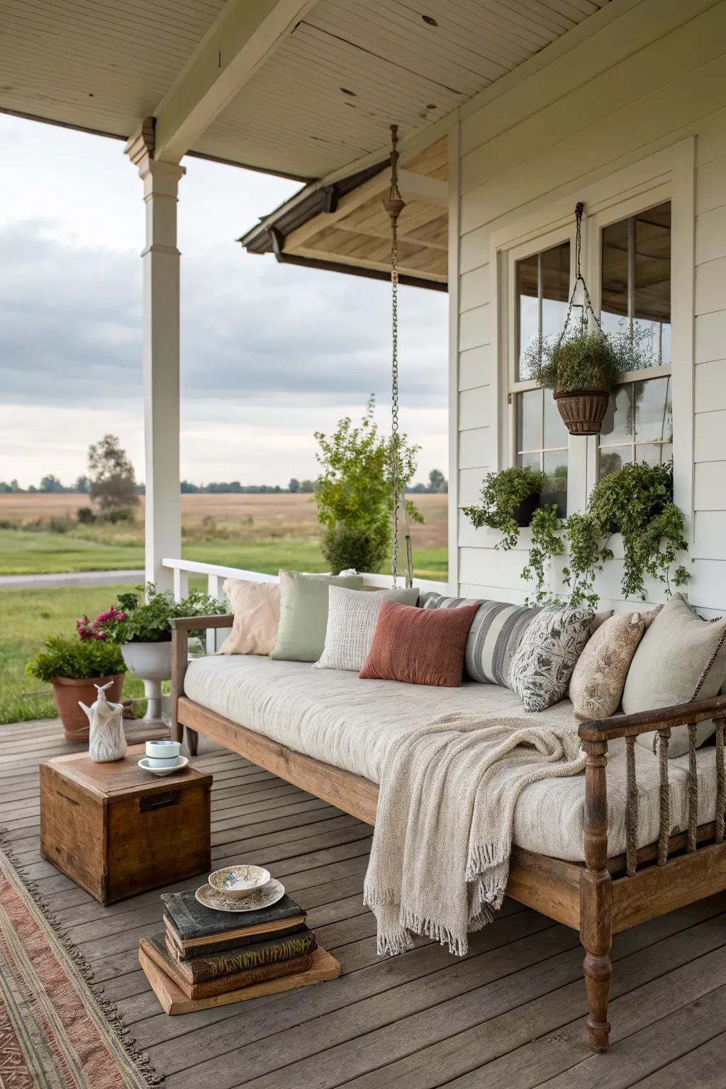 Cozy wooden daybed on farmhouse porch.