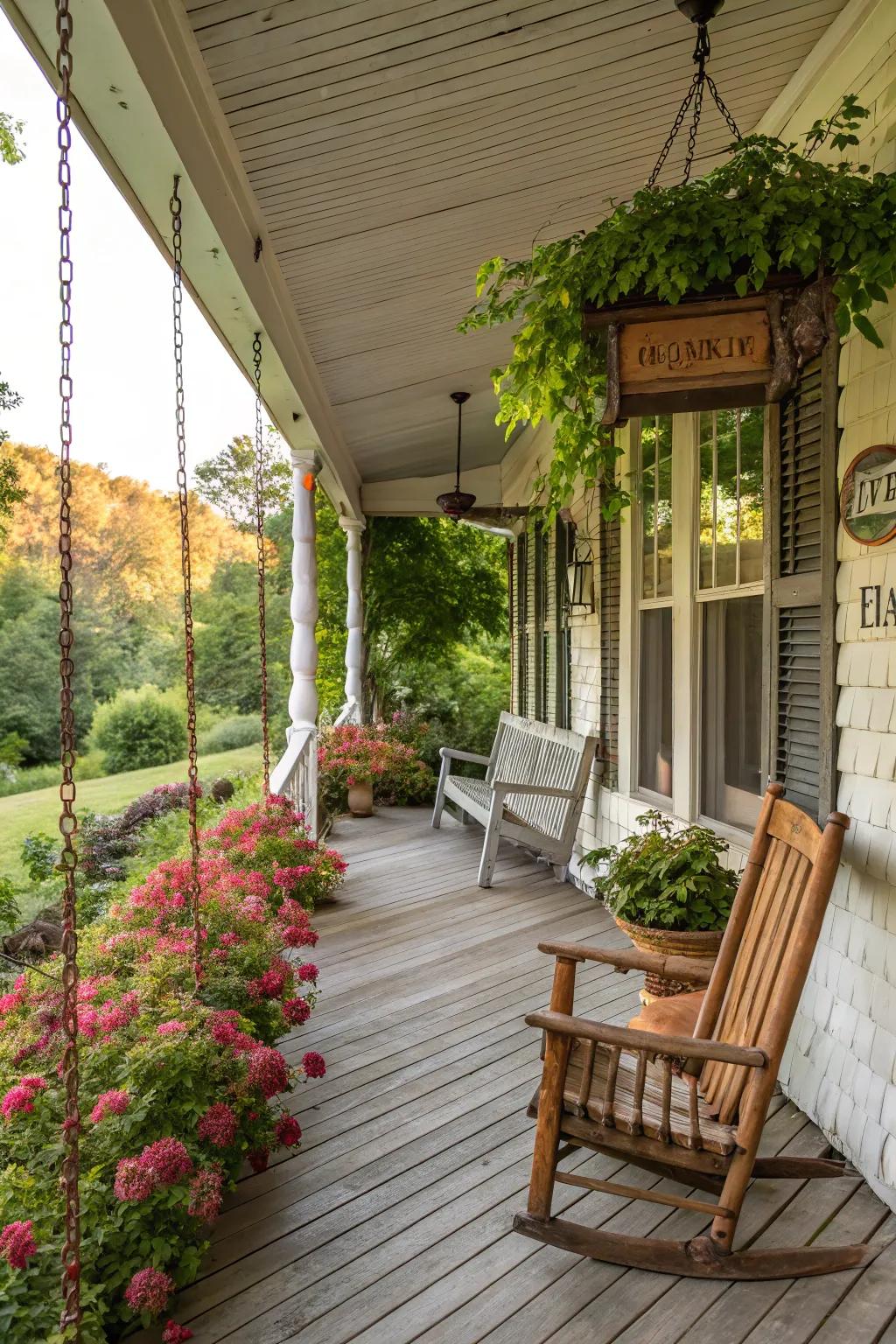 Porch adorned with rustic decor and vintage furniture.