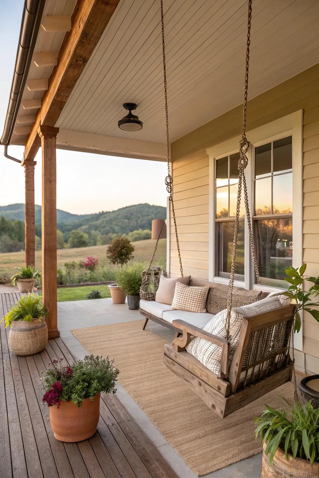 Farmhouse porch designed with neutral and earthy tones.