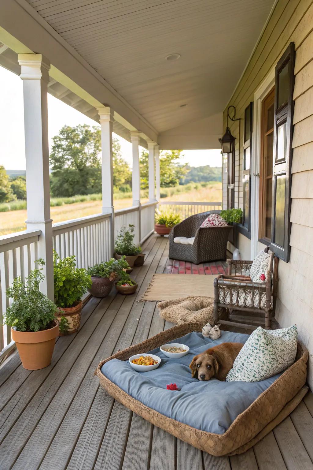 Cozy corner on porch tailored for pets.