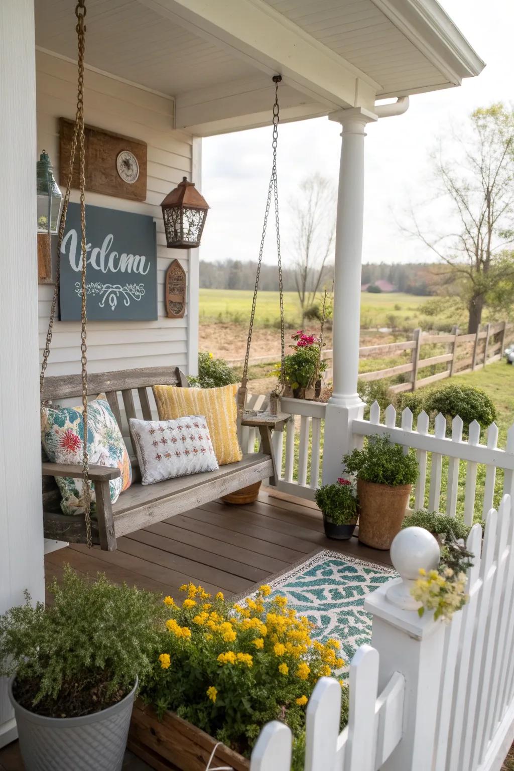 Porch decorated with personalized signs and cushions.