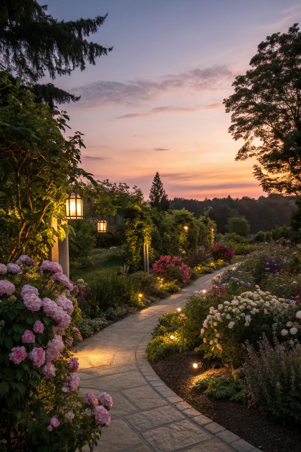 Enchanting soft lighting accentuating a garden at dusk.