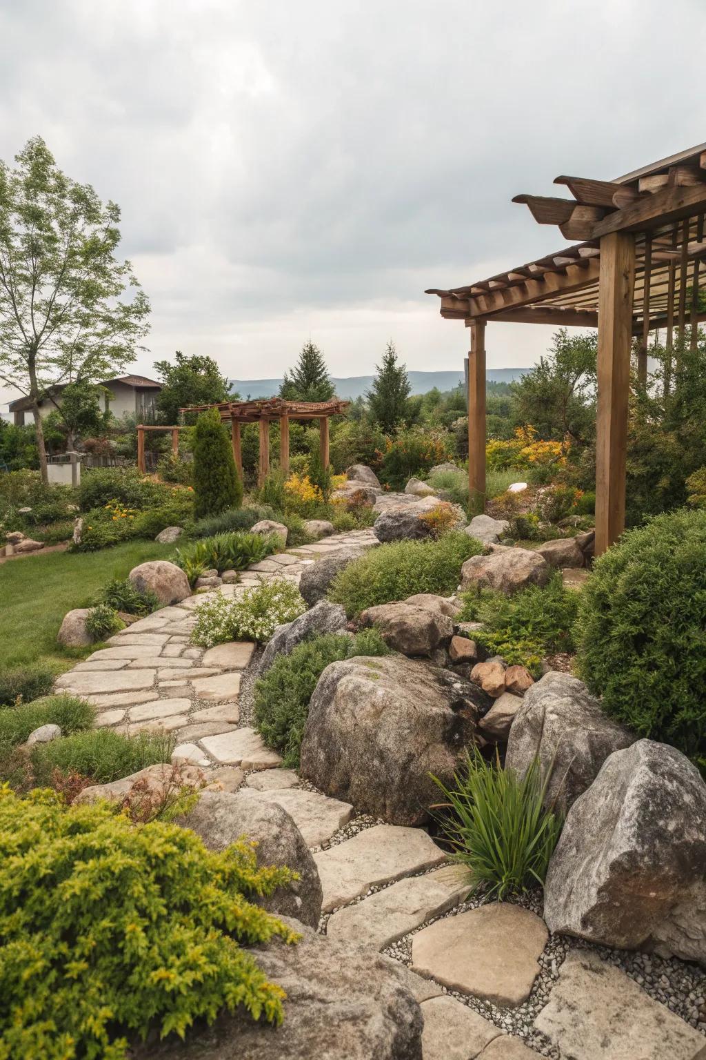 Natural rocks and wood elements in a soothing garden setting.