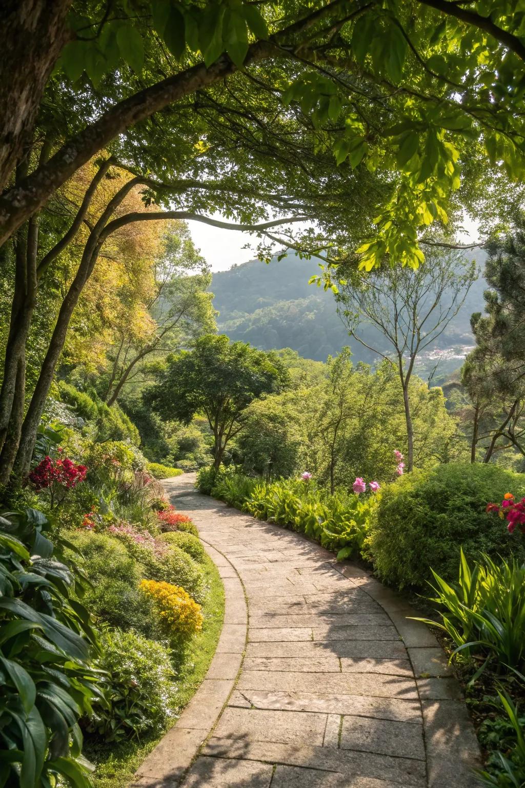 Peaceful pathway enveloped by lush greenery.