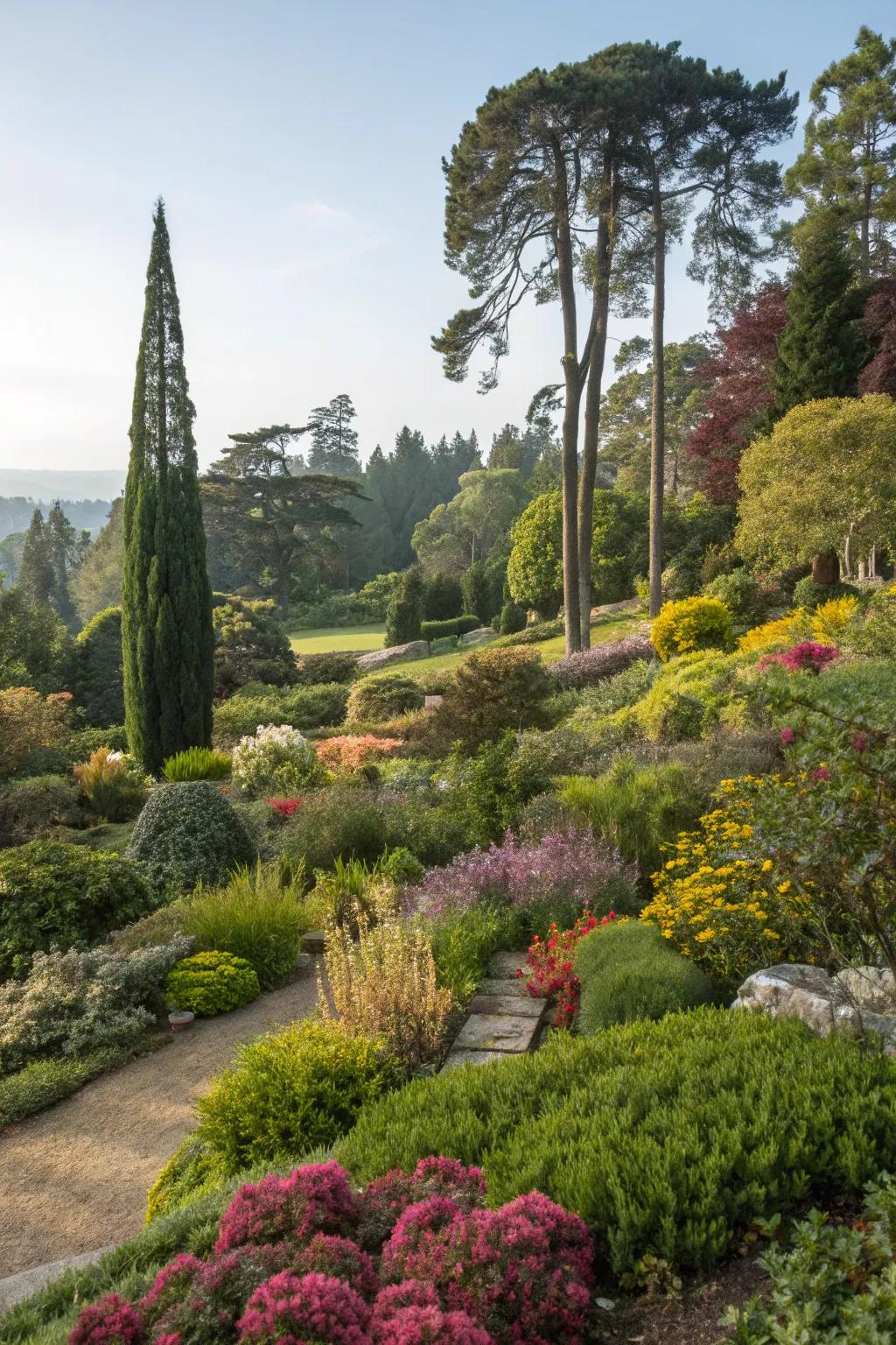 Vibrant garden showcasing a variety of plants with different colors and textures.
