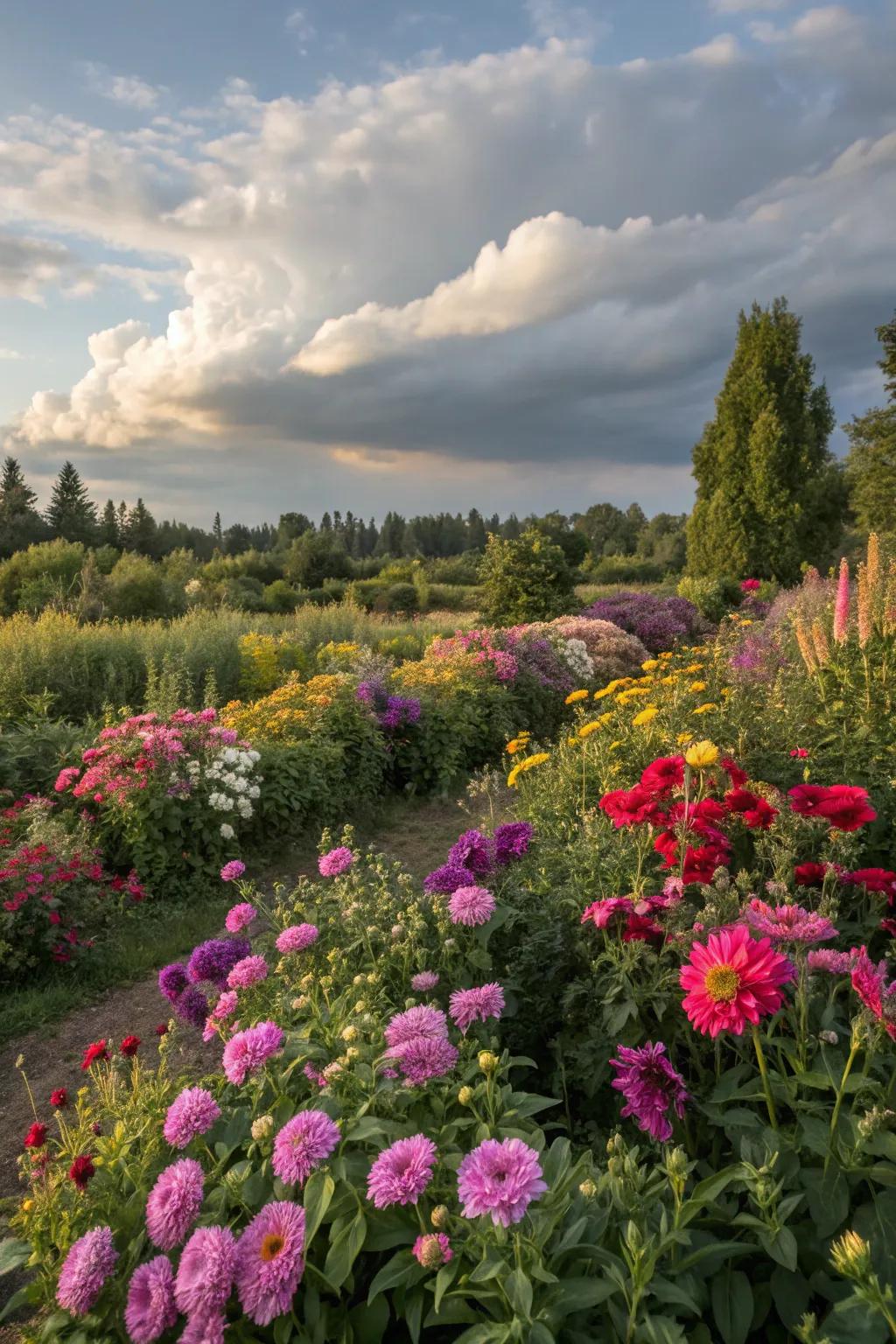 Garden alive with an array of brilliantly colored flowers.