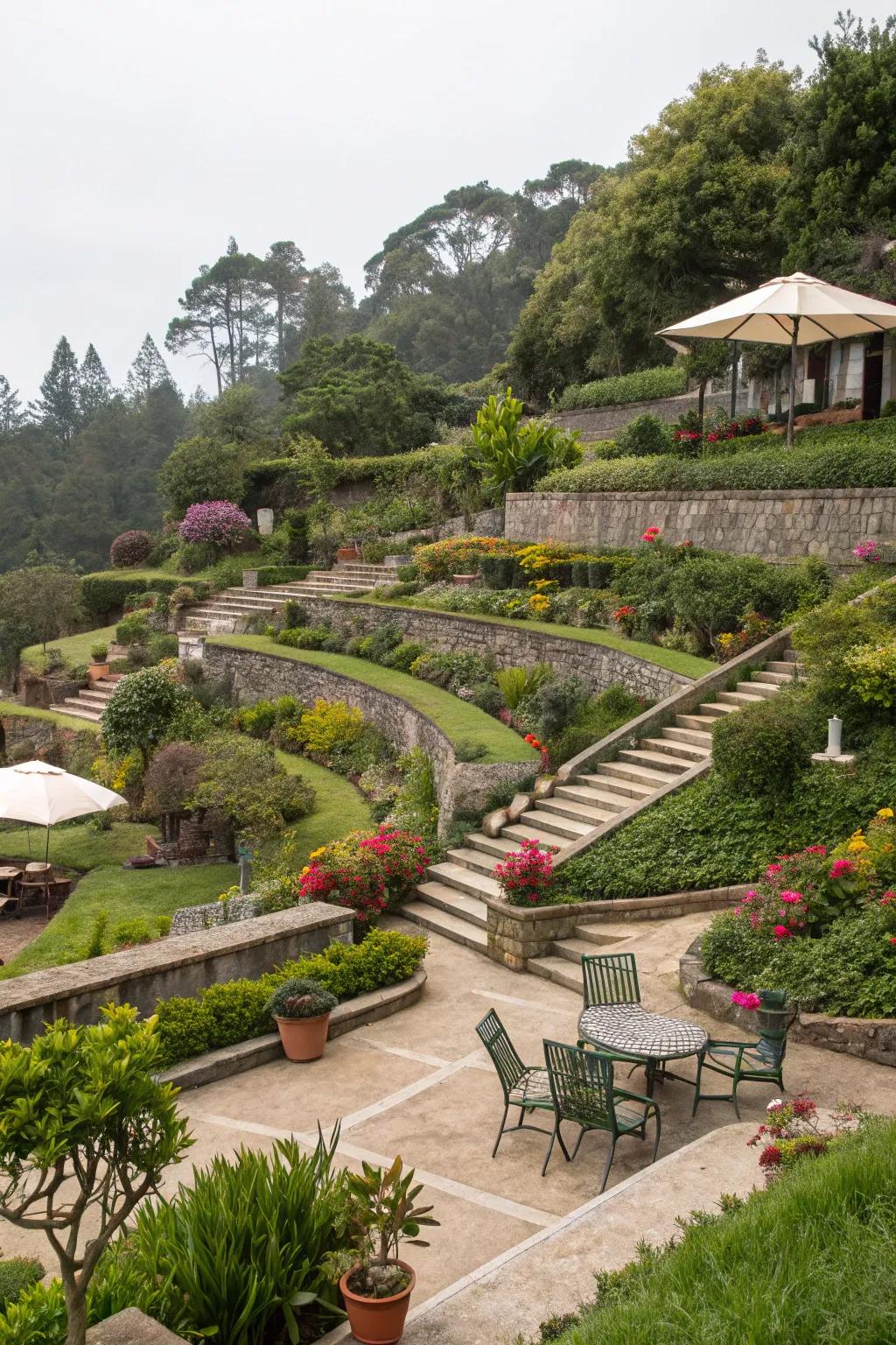 Multi-level terraces bring structure and interest to sloped gardens.