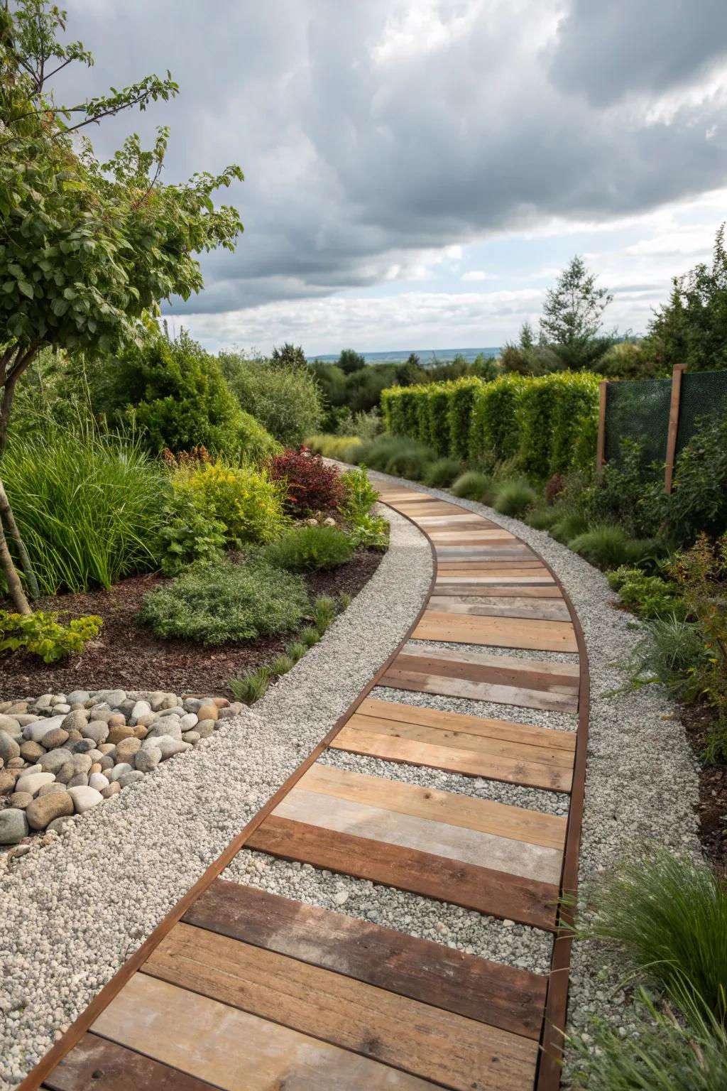 Mixed material paths offer texture and style to garden layouts.