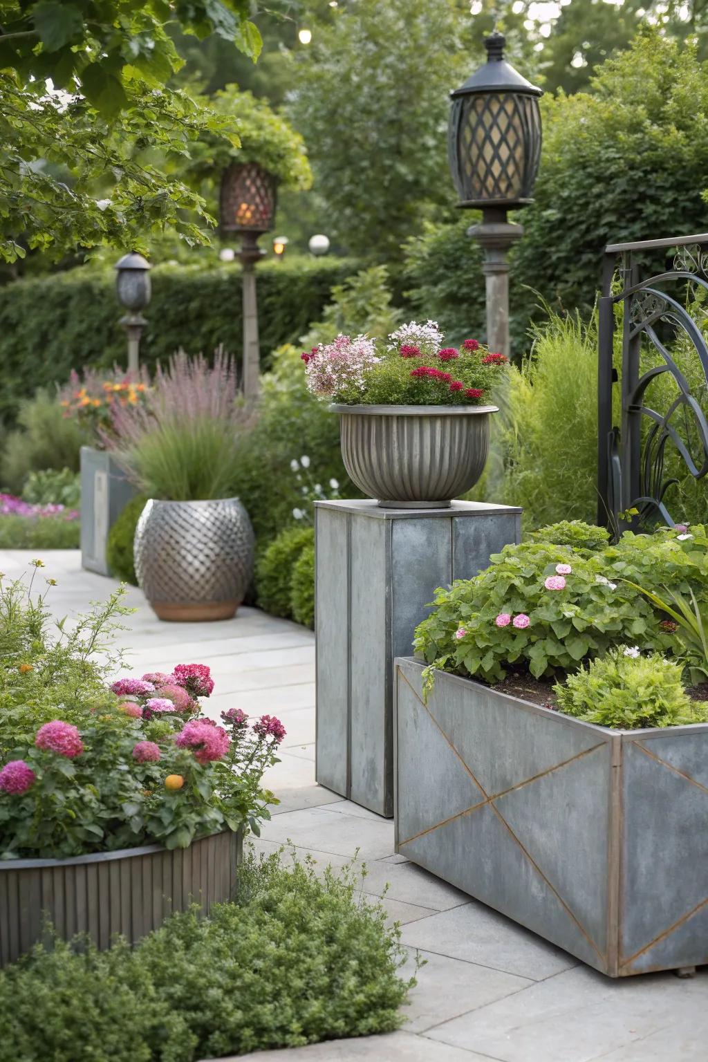 Metal accents introduce industrial chic to sleek gardens.