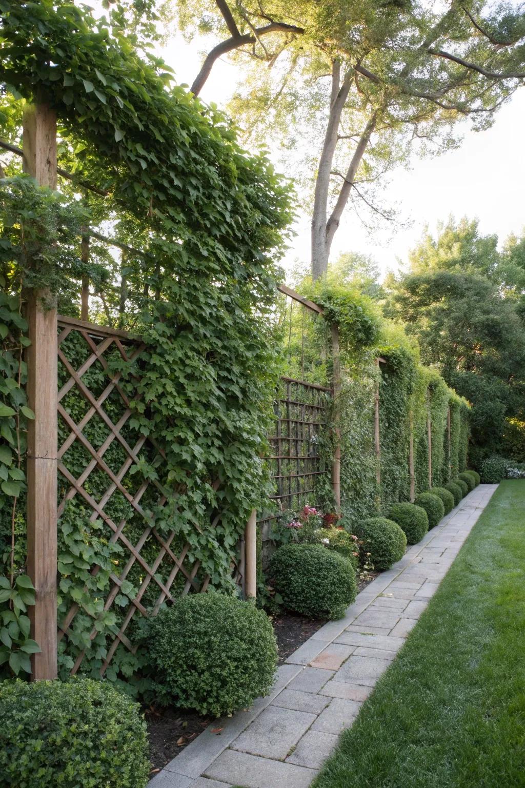 Privacy screens create a secluded and intimate backyard environment.