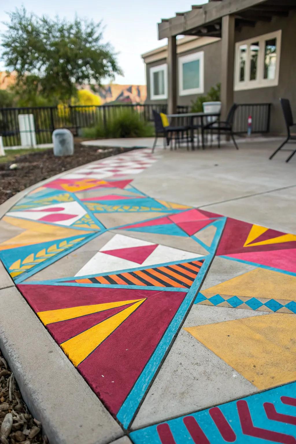 Geometric patterned stained concrete patio delivers modern style.