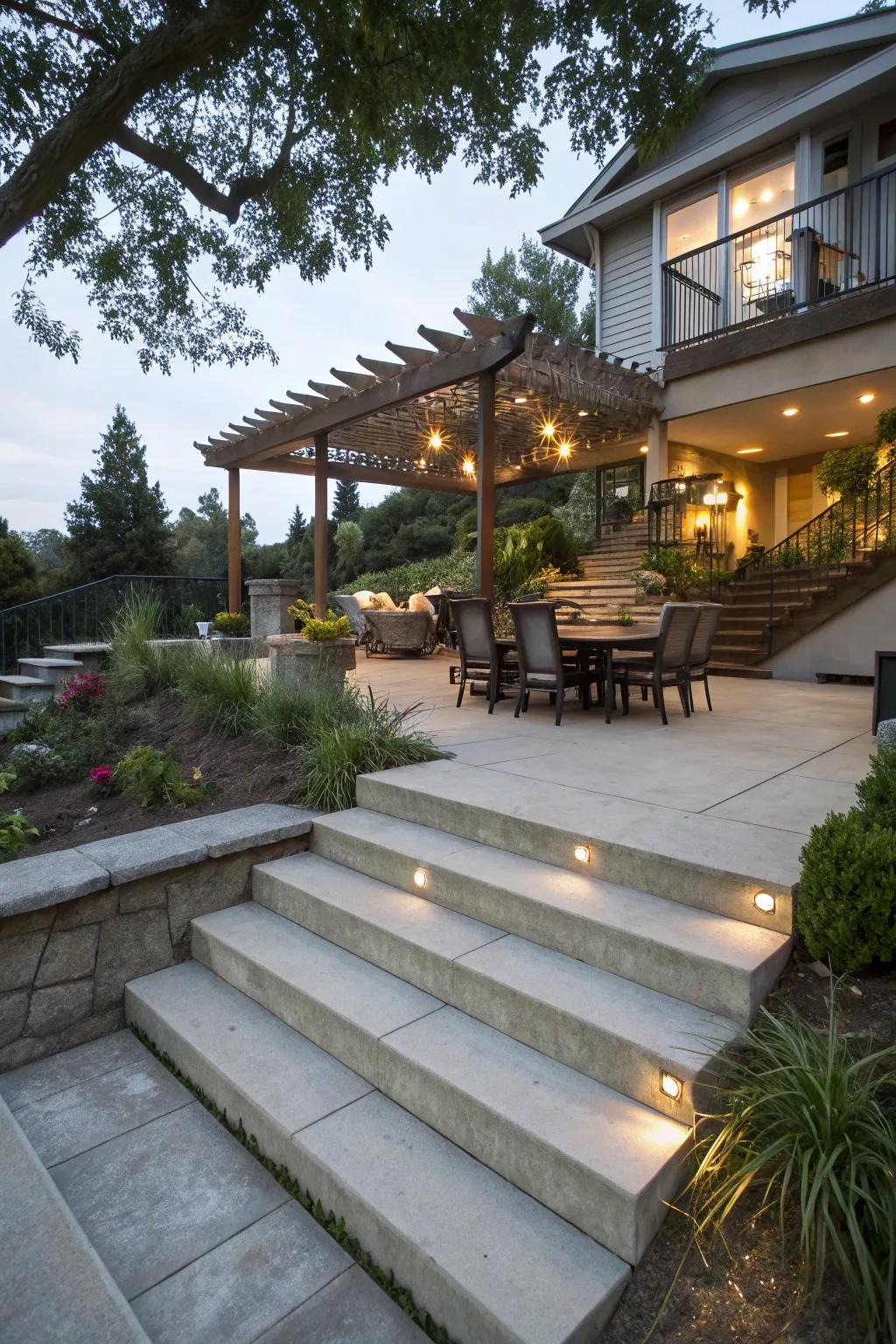 Tiered patios add architectural appeal and usable space.