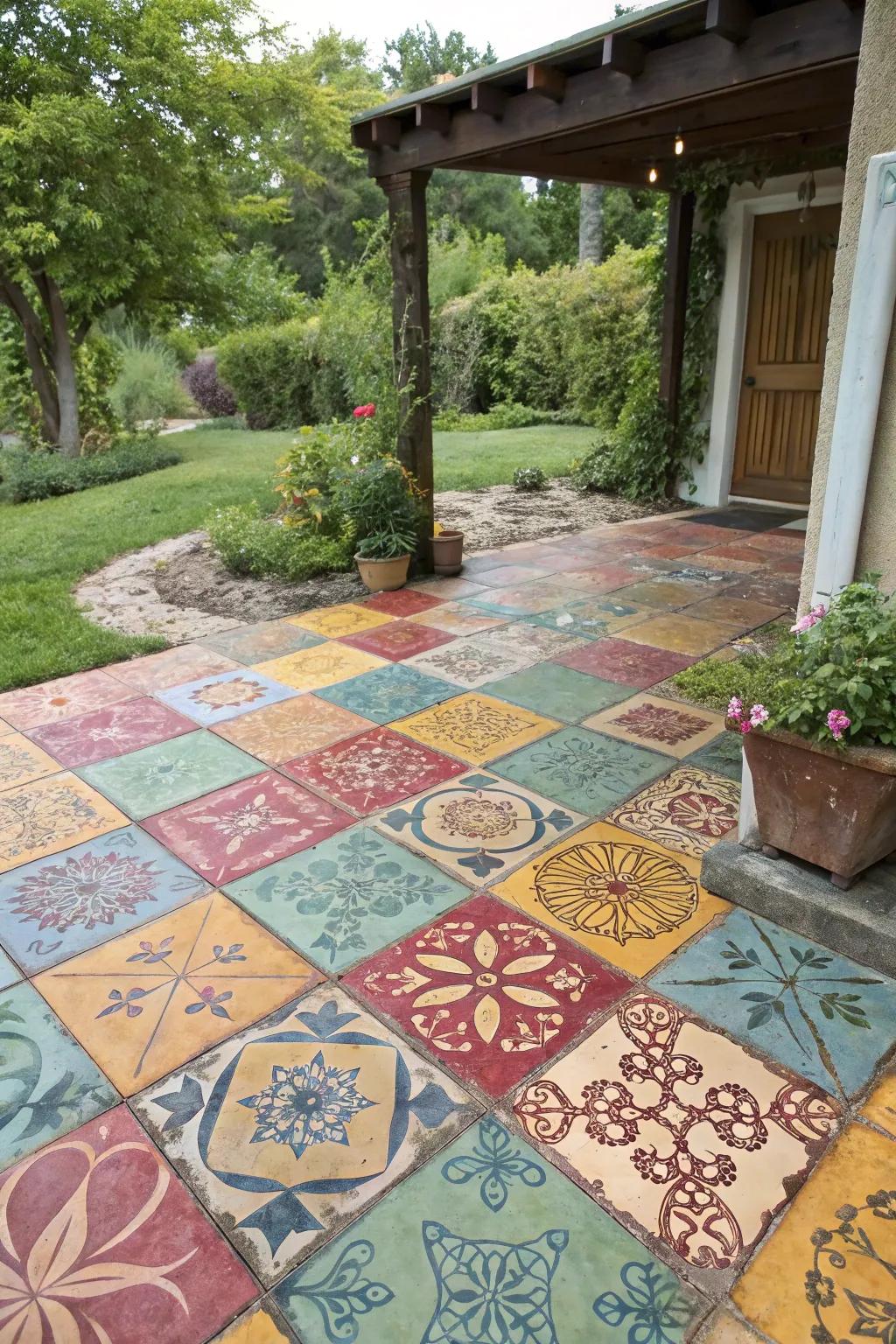 Colorful stained concrete transforms patios into expressive canvases.
