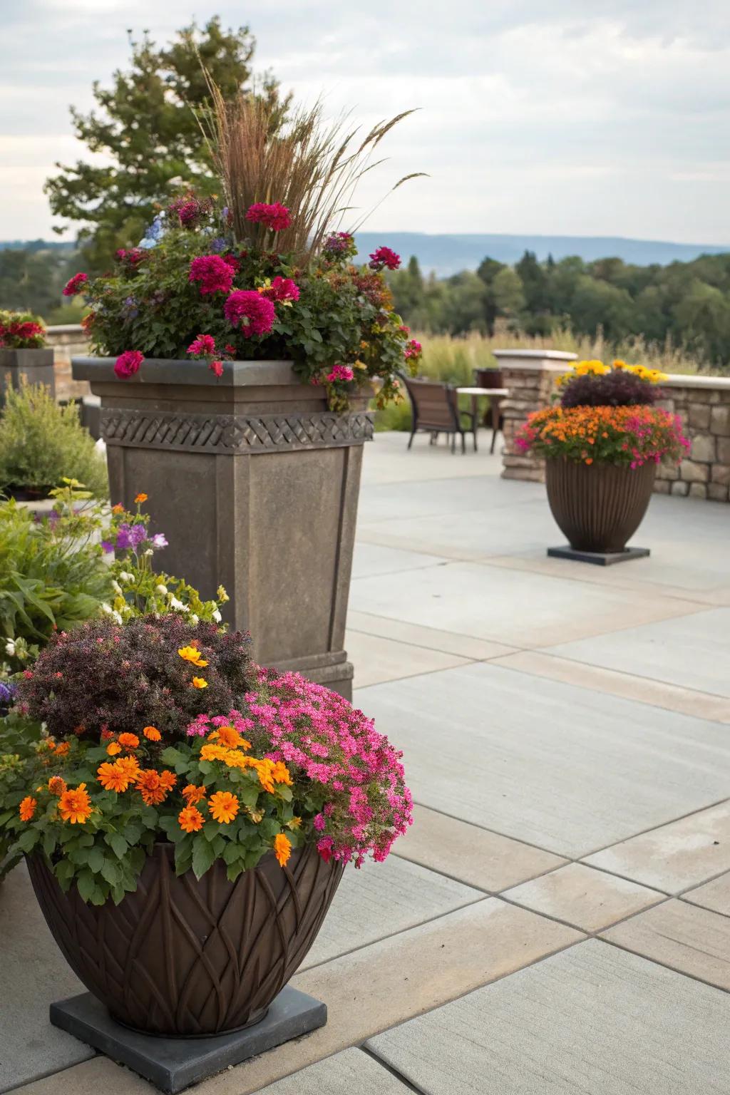 Planters inject color and life into concrete patios.
