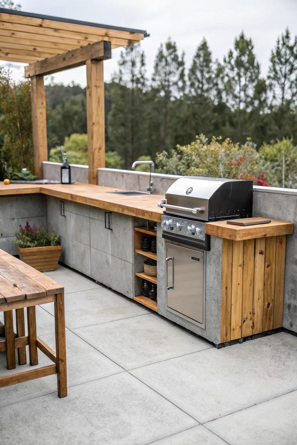 Rustic outdoor kitchen enhances outdoor cooking experiences.