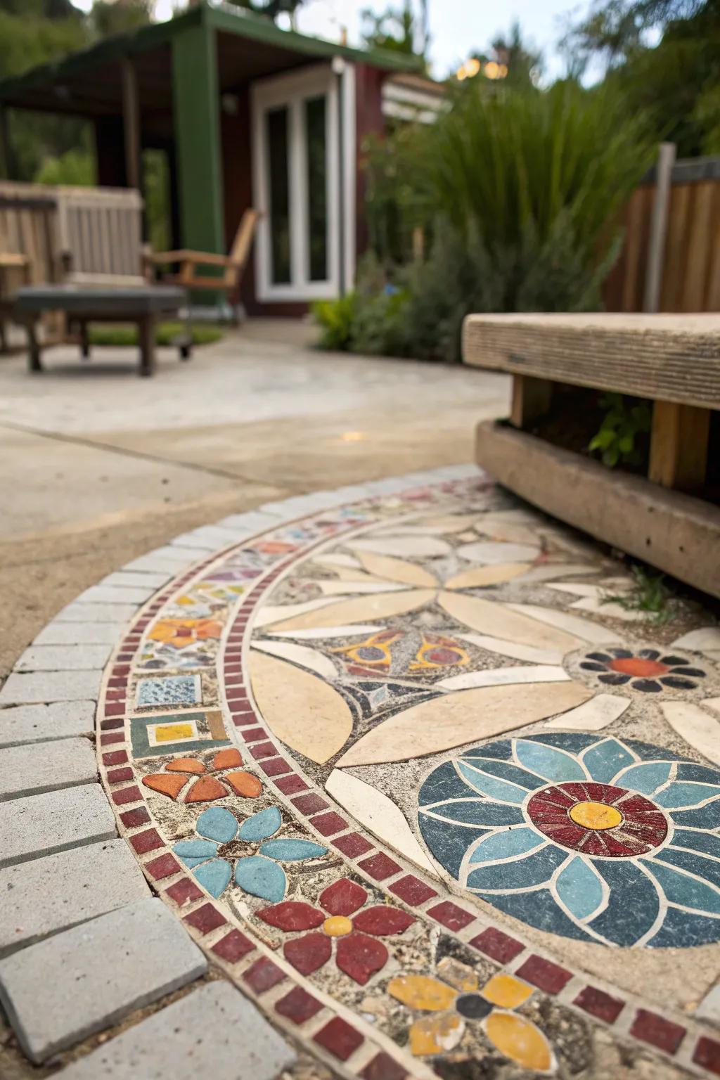 Mosaic elements introduce artistic beauty and character to patios.