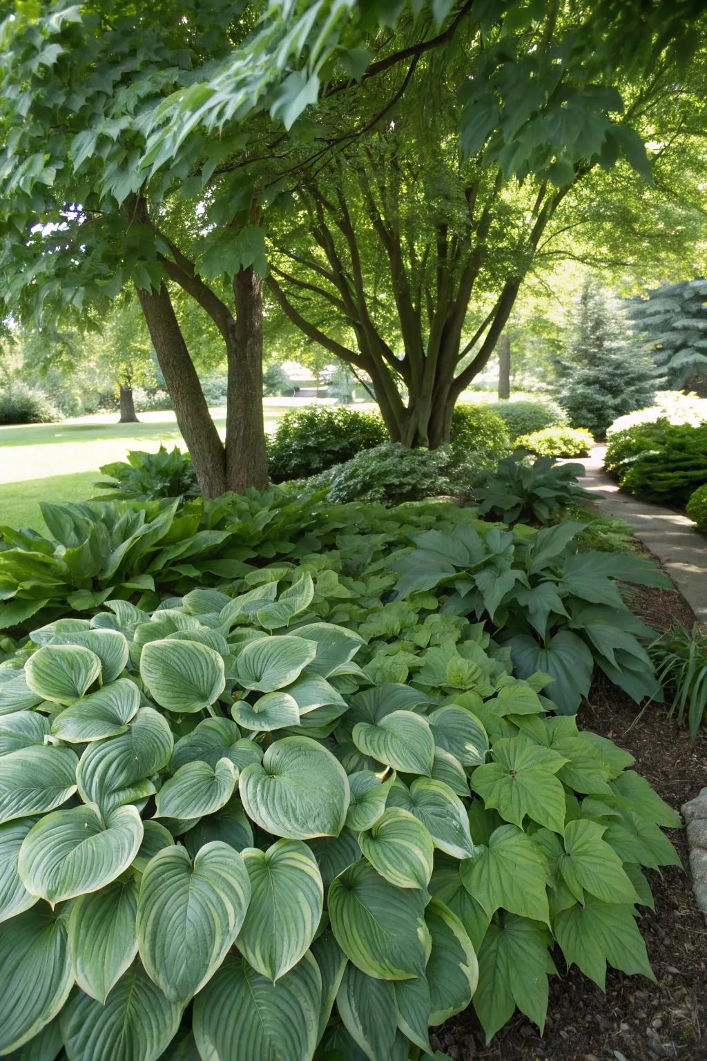 Hostas providing lush greenery beneath a maple tree's canopy.