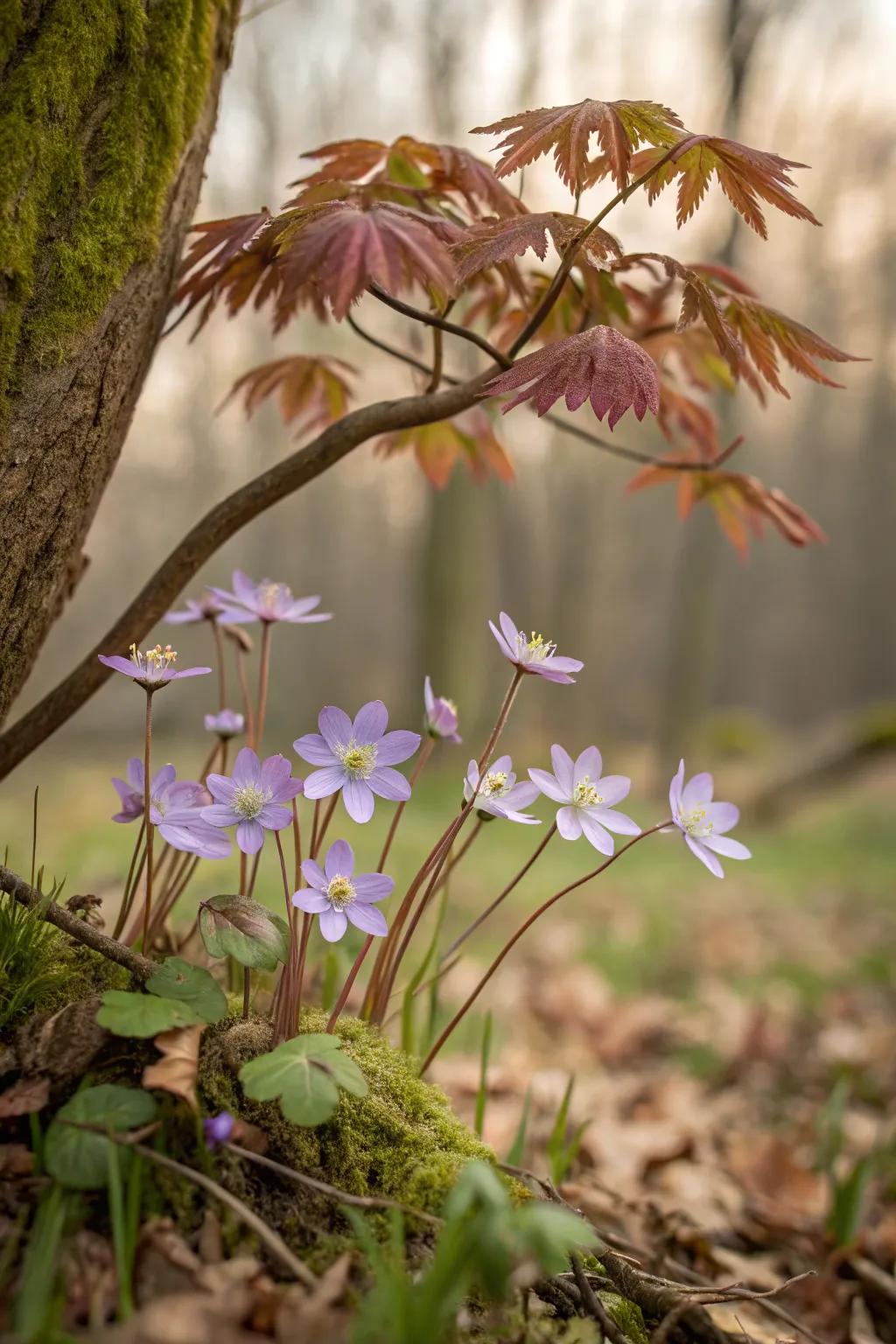 Hepatica bringing early spring blooms beneath a maple tree.