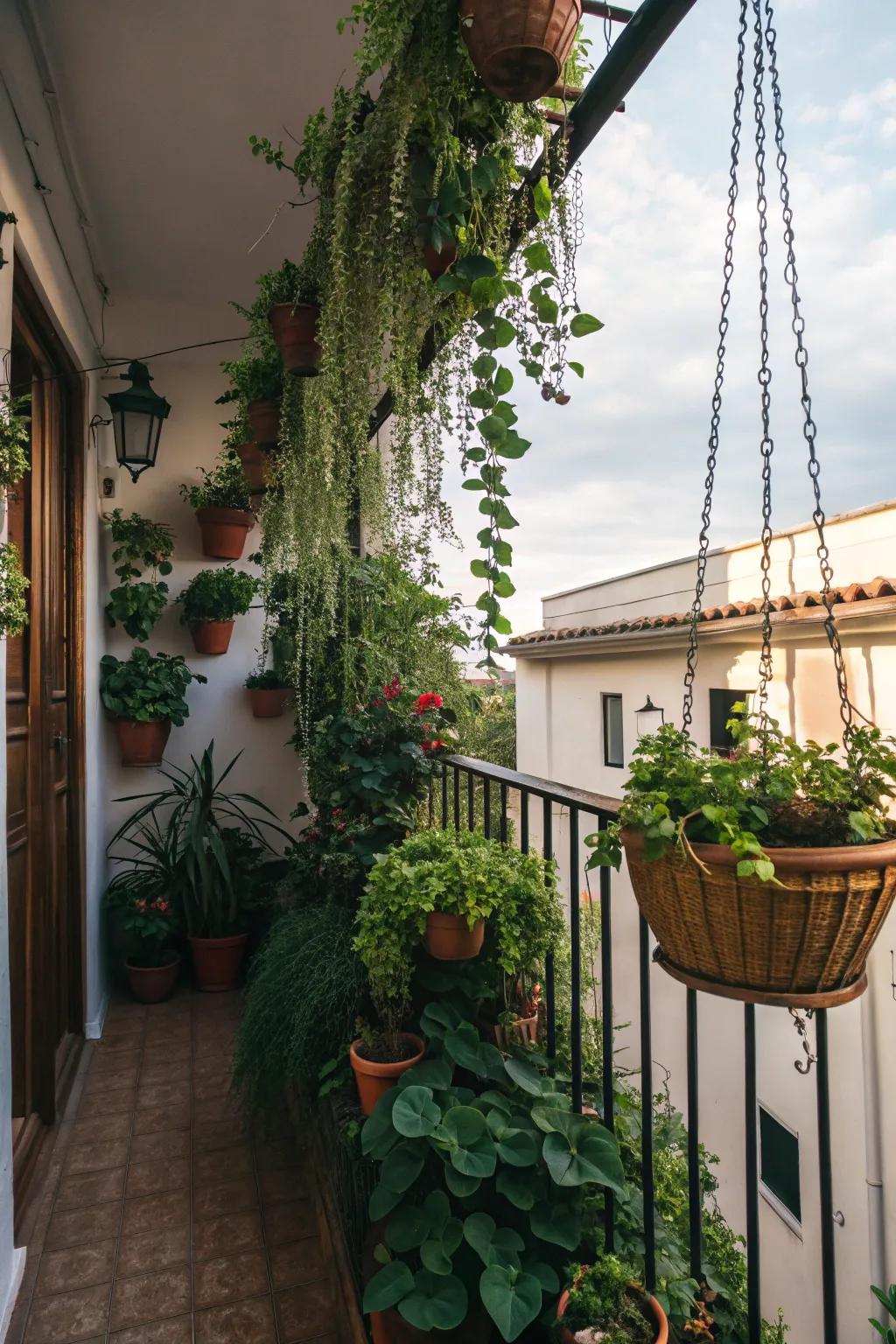 A small balcony adorned with hanging plants, providing a touch of nature.