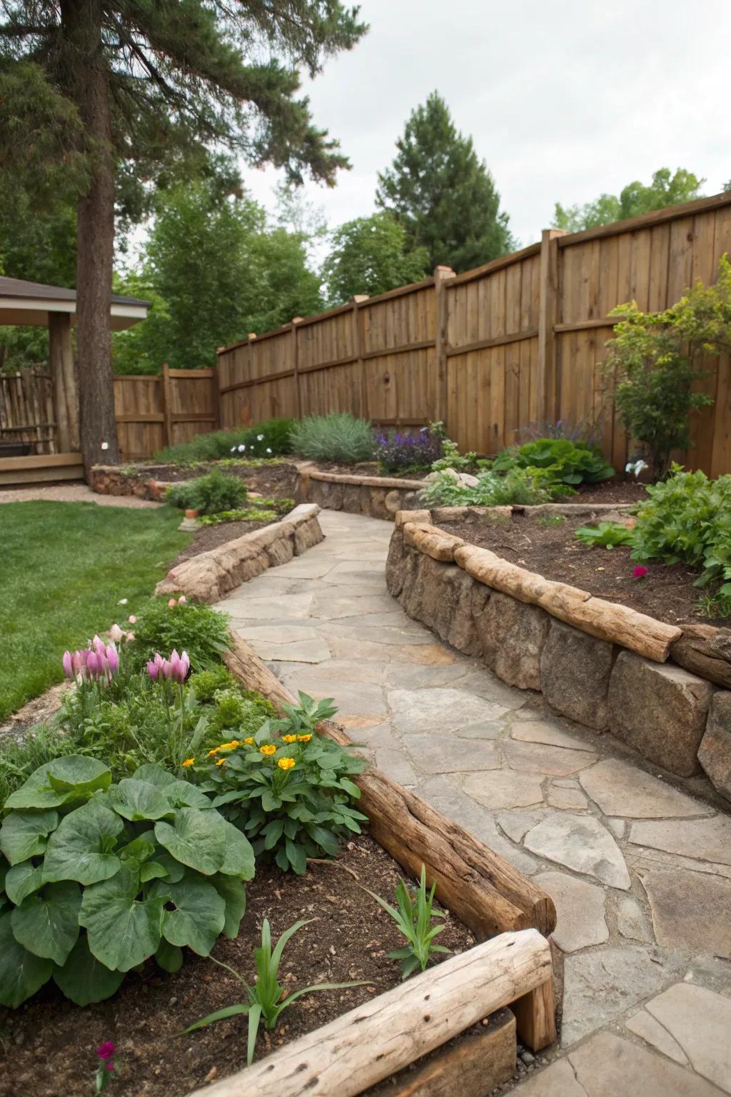 Natural stone and log edging define garden beds in a rustic backyard.