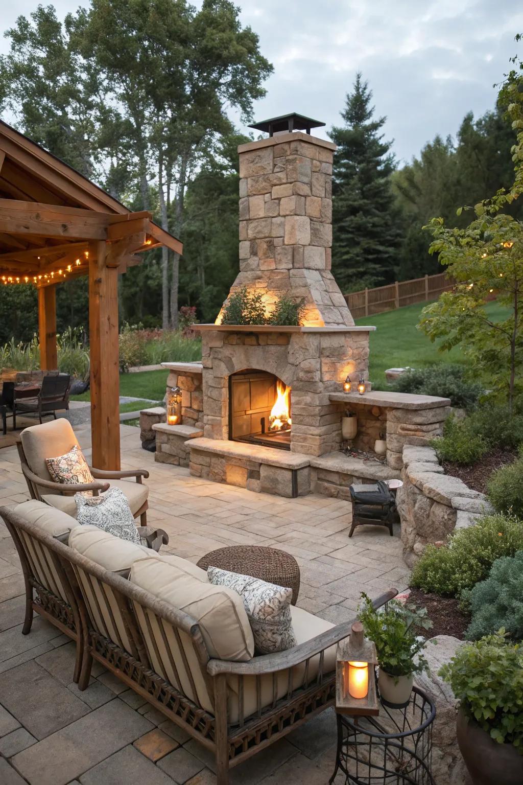 A welcoming stone fireplace in a rustic backyard, ideal for cozy evenings.