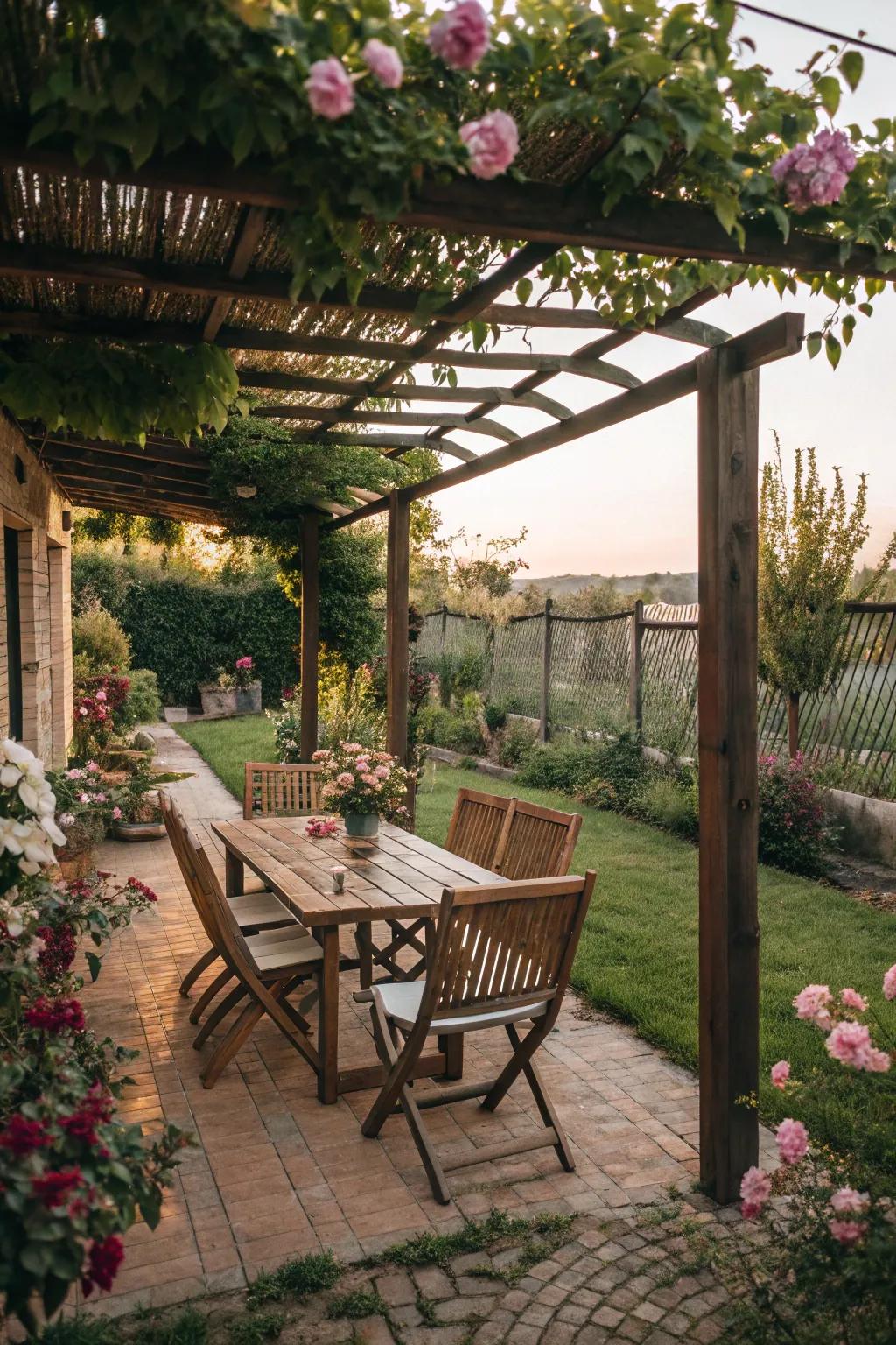 An inviting outdoor dining space with rustic wooden furniture.