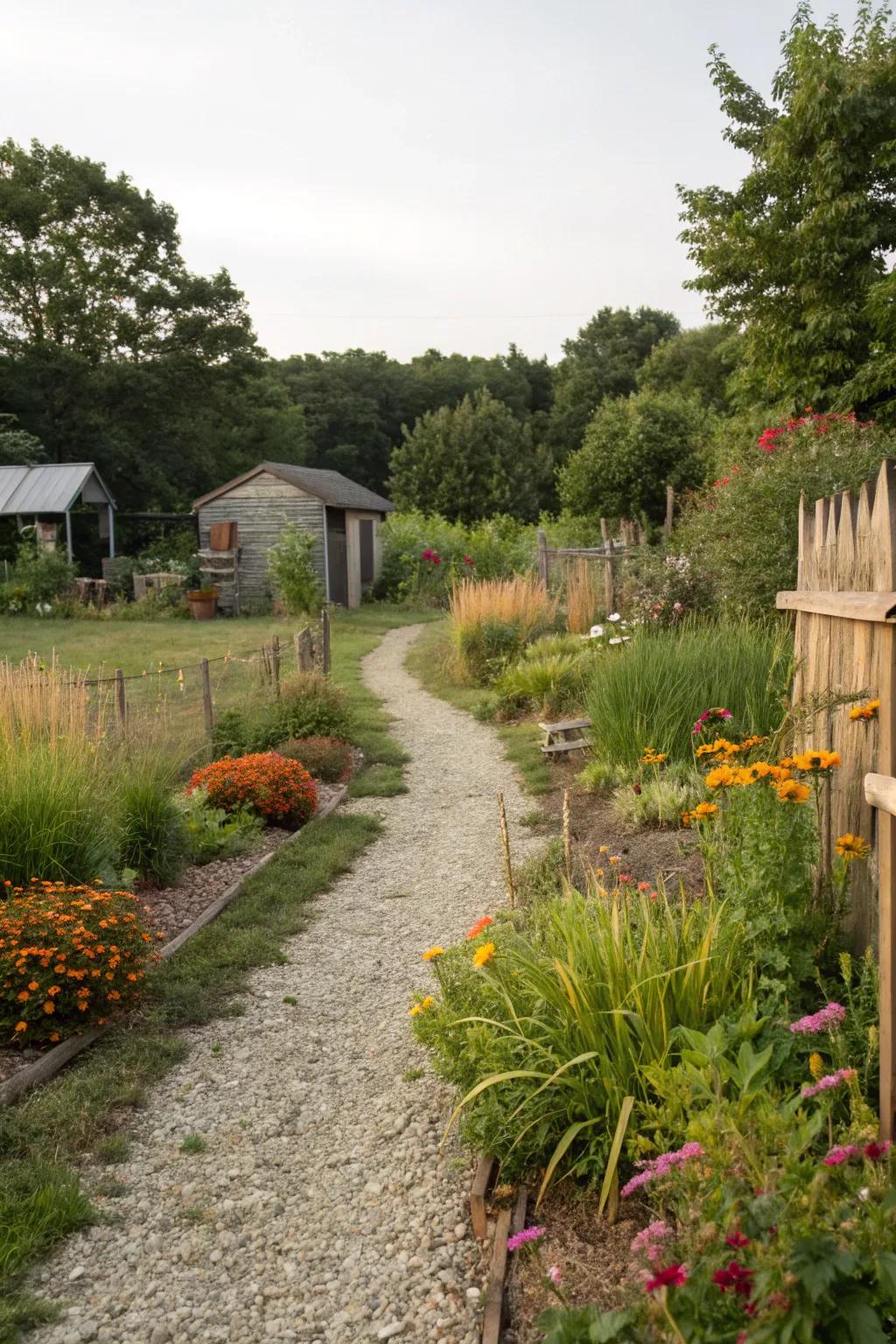 A gravel pathway meandering through a rustic backyard garden.