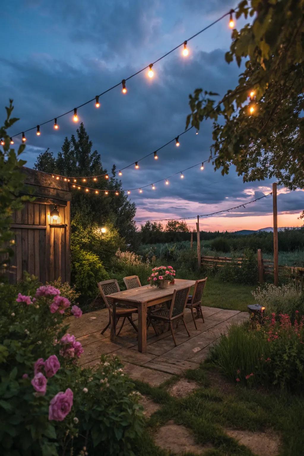 String lights add a warm glow to a rustic backyard seating area at dusk.
