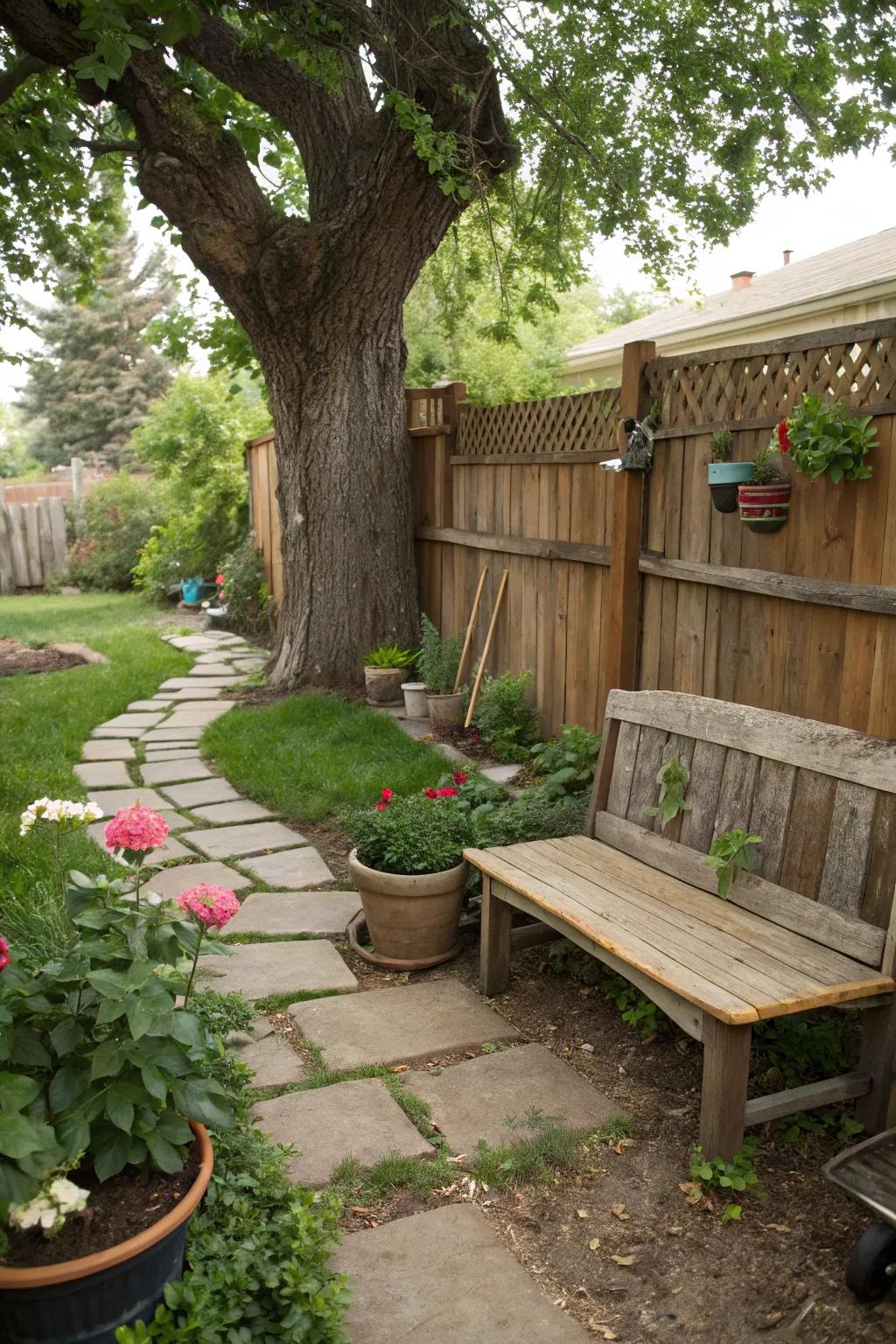 A bench made from reclaimed wood adds character to a rustic backyard.