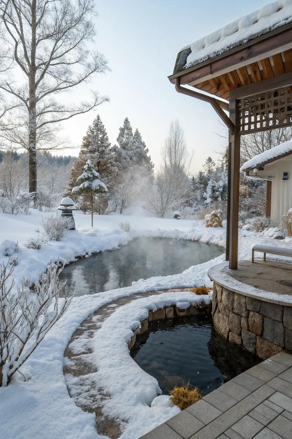 Water features add tranquility year-round.