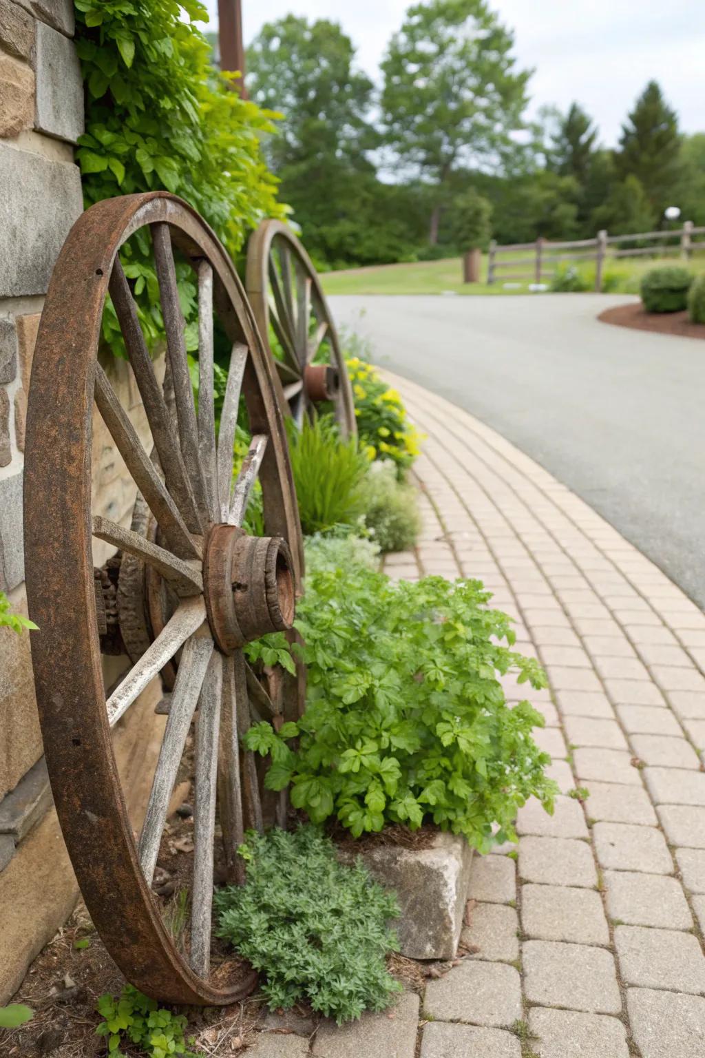 A creative herb garden thriving within wagon wheel sections.