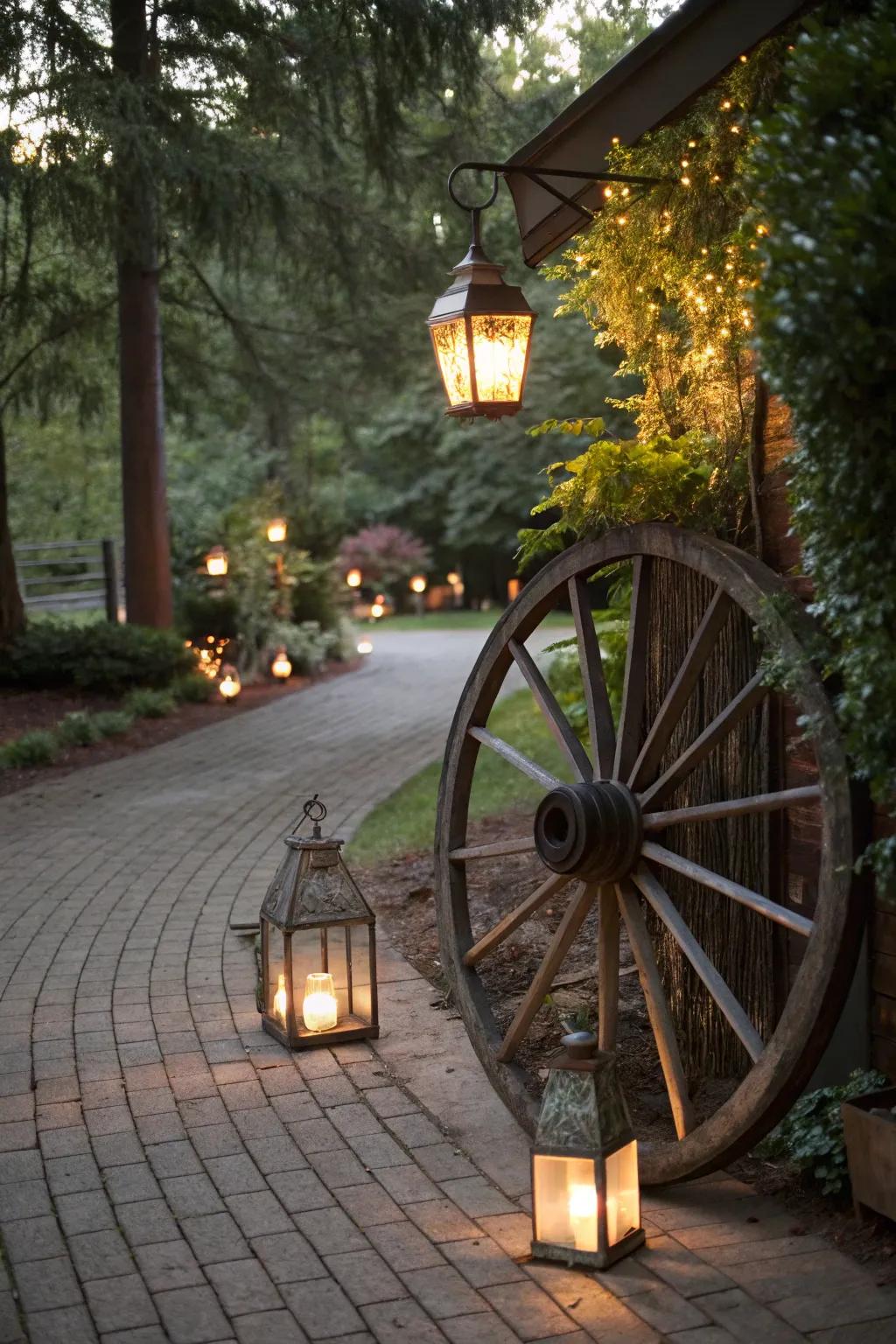Vintage lanterns create a magical atmosphere at this wagon wheel entrance.