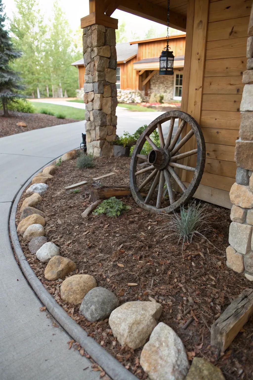 Earthy tones and textures create a harmonious and natural setting for this wagon wheel entrance.