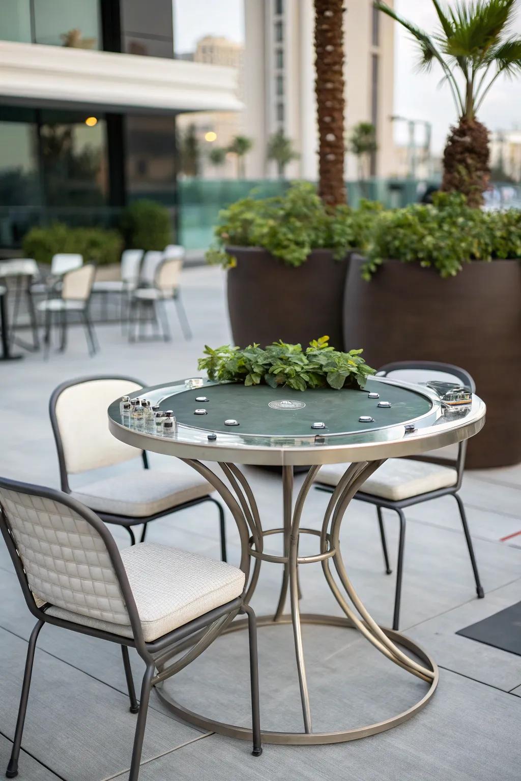 Add a modern touch to your patio with a sleek metal poker table.