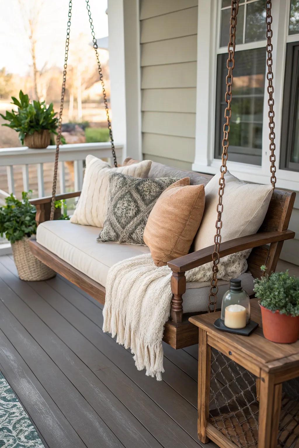 Create a cozy corner with a porch swing and soft cushions.