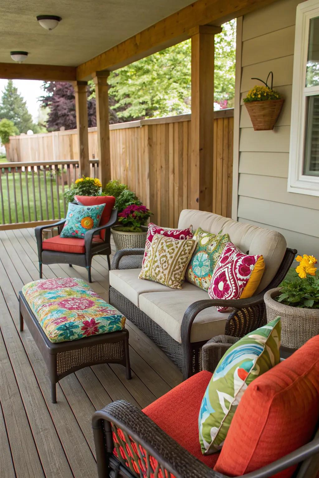 Use vibrant throw pillows to add a splash of color to your porch.