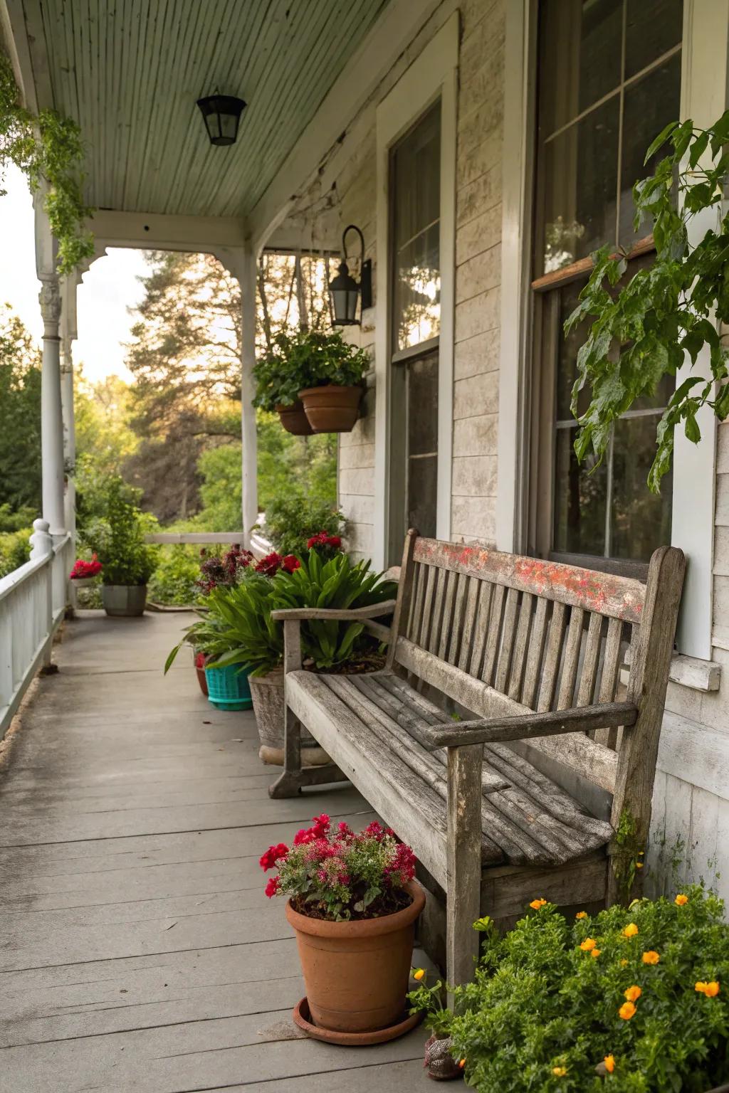 Wooden benches provide rustic charm and practical storage solutions.