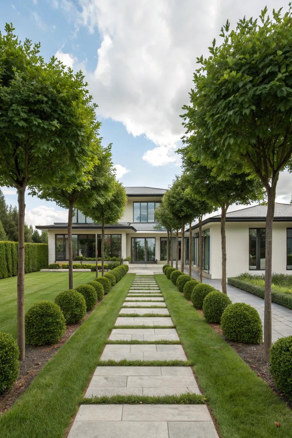 Symmetrical trees provide a welcoming frame to your home's entryway.